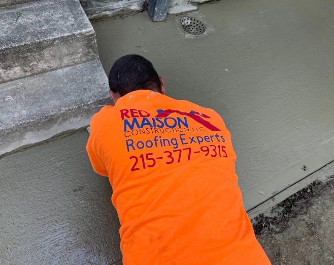 man wearing red maison orange uniform doing concrete work service philadelphia pa